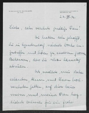 Brief von Bernhard Ercklentz an Margarete Hauptmann