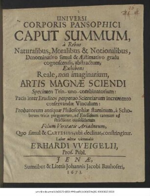 Universi Corporis Pansophici Caput Summum, a Rebus Naturalibus, Moralibus & Notionalibus, Denominativo simul & Aestimativo gradu cognoscendis, abstractum : Exhibens Reale, non imaginarium, Artis Magnae Sciendi Specimen Trin-uno-combinatorium: ... ; Absolvitur Universi Corporis Pansophici Caput Summum quatuor Tractatibus, quorum I. exhibet Prodromum, seu Pantognosiam. II. Metaphysicam Pansophicam, seu Pantologiam. III. Pantometriam. IV. Logicam Pansophicam