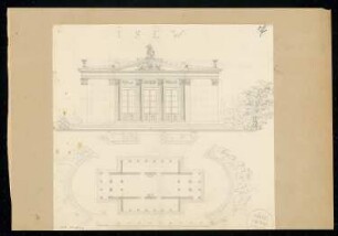 Gartensaal Monatskonkurrenz Oktober 1827: Grundriss Erdgeschoss, Aufriss Vorderansicht; Maßstabsleiste