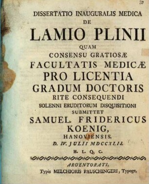 Diss. inaug. med. de lamio Plinii : cum tab. aen.