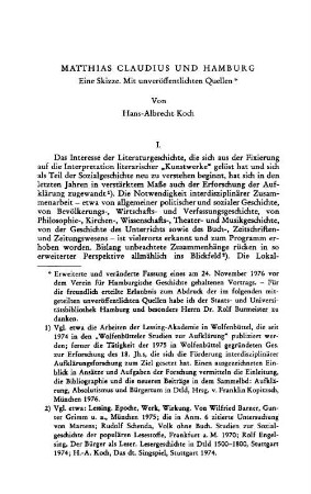 Matthias Claudius und Hamburg : eine Skizze ; mit unveröffentlichten Quellen