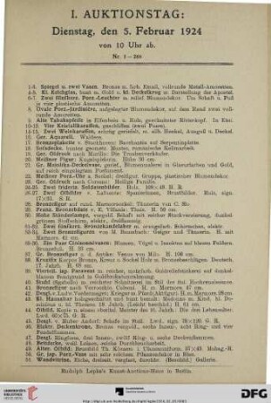 I. Auktionstag: Dienstag, den 5. Februar 1924 von 10 Uhr ab (Nr. 1-266)