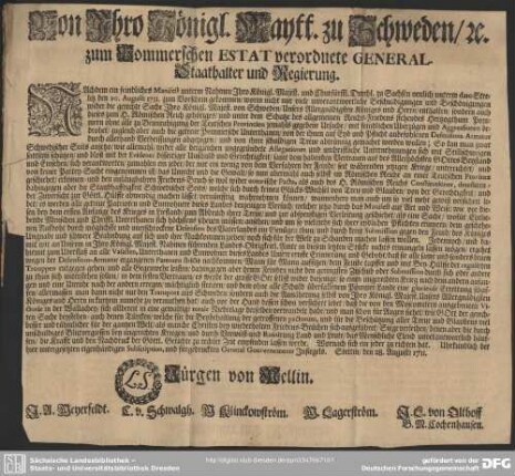 Von Ihro Königl. Maytt. zu Schweden, [et]c. zum Pommerschen Estat verordnete General-Staathalter und Regierung : Nachdem ein feindliches Manifest ...
