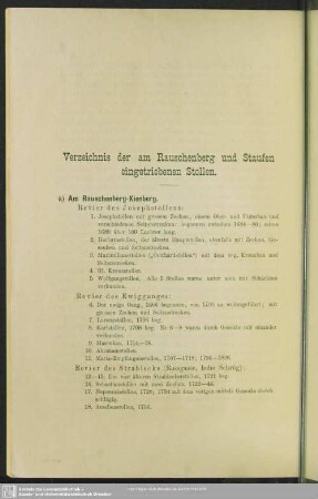 Verzeichnis der am Rauschenberg und Staufen eingetriebenen Stollen