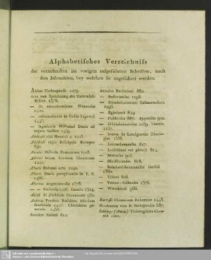 Alphabetisches Verzeichniss der vornehmsten im vorigen aufgeführten Schriften, nach den Jahrzahlen, bey welchen sie angeführet werden