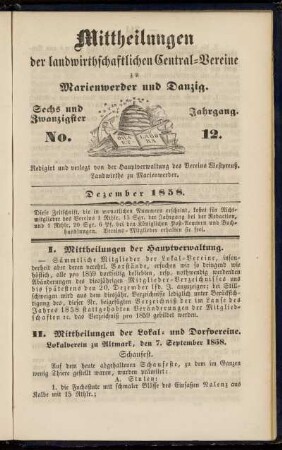 Sechs und Zwanzigster Jahrgang. No. 12. Dezember 1858.