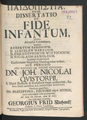 Paidopistia, hoc est Dissertatio De Fide Infantum