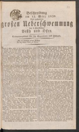 83. Beschreibung am 13. März 1838 statt gehabten großen Ueberschwemmung der k. Freistädte Pesth und Ofen