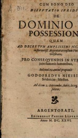 Disputatio Iuridica De Dominio Et Possessione