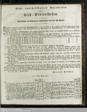 Sehr vortheilhaftes Anerbieten für Leih-Bibliotheken