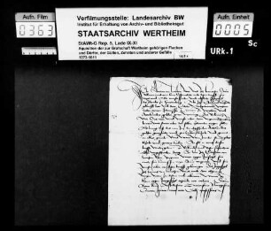 Eberhart von Hardheim, Ritter, und Hanns sein Sohn bekennen, daß sie die Hälfte des Zehnten zu Freudenberg, die Eberhart von Graf Johann zu Wertheim um 800 fl. gekauft hat, bis zur Abzahlung der Summe von den Grafen (zu Lehen) tragen, wonach dann diese Urkunde zurückzugeben ist.