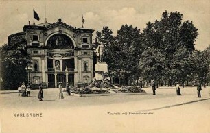 Postkartenalbum mit Motiven von Karlsruhe. "Karlsruhe. Festhalle mit Bismarckdenkmal". Eingangsbereich der Festhalle