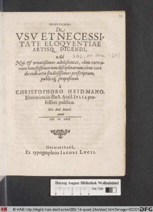 Programma De Usu Et Necessitate Eloquentiae Artisq. Dicendi