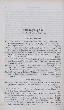 Bibliographie vom 1. April bis 1. Juni 1860.