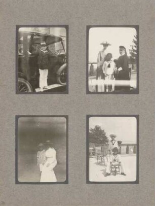links oben: Großherzogin Luise und Unbekannt (Dame mit Knaben) auf der Terrasse von Schloss Mainau rechts oben: Unbekannt (2 Knaben) auf der Terrasse von Schloss Mainau links unten: Unbekannt (Knabe) in Automobil vor Schloss Mainau rechts unten: Unbekannt (Dame mit Knaben) im Garten von Schloss Mainau