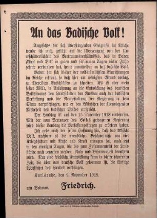 Aufruf Großherzog Friedrich II.: "An das Badische Volk!" (Bewahrung der Ruhe bis zum Zusammentritt des Landtags am 15.11.1918, gedr. C.F.Müller'sche Hofbuchdruckerei, Karlsruhe