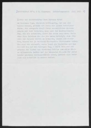 Brief von Gerhart Hauptmann an Hermann Bahr