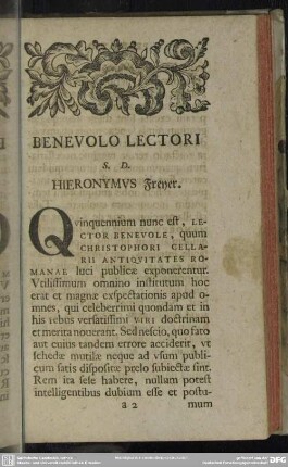 Benvolo Lectori S. D. Hieronymus Freyer