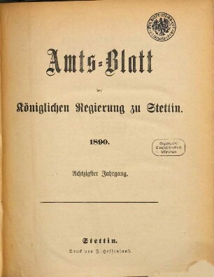 Amtsblatt der Regierung in Stettin. 1890 = Jg. 80