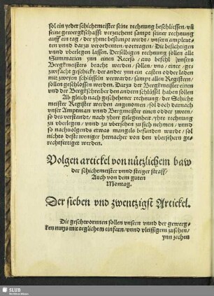 Volgen artickel von nützlichem baw der schichtmeister unnd steiger straff, Auch von dem guten Montag