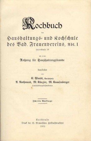 Kochbuch "Haushaltungs und Kochschule des Bad. Frauenvereins"