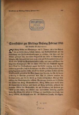 Streiflichter zur Weltlage Anfang Februar 1916