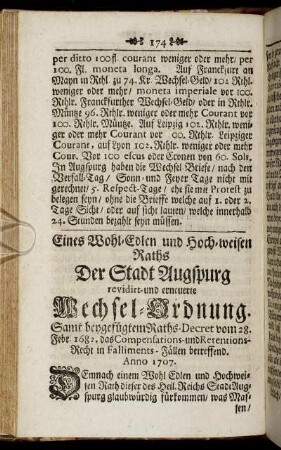 Eines Wohl- Edlen Hochweisen Raths der Stadt Augsburg revidirt- und erneuerte Wechsel- Ordnung.