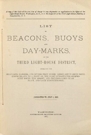 List of beacons, buoys, and day-marks in the Third Light-House District embracing the seacoasts, harbors, and rivers, from Sakonnet Point, Rhode Island, southward along the coast as far as a point on the coast opposite the Mouth of the Shrewsbury River, New Jersey. and including Lake Champlain and Lake Memphremagog. 1897