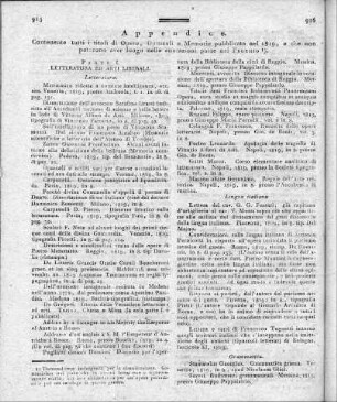 Appendice. Contenente tutti i titoli di Opere e memorie pubblicate nel1819. e che non potorono aver luogo nelle anotazioni poste nel Proemio.