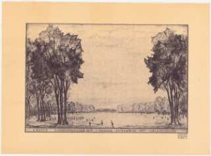 Erweiterungsplanung Volkspark Jungfernheide (Nordostteil), Berlin-Wedding: Perspektivische Ansicht mit Blick über die große Speilwiese auf die Waldschenke (von Nordost in die erweiterte Mittelachse), Stempel