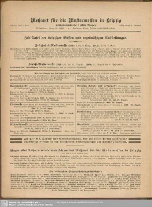 Zeit-Tafel der Leipziger Messen und regelmäßigen Ausstellungen