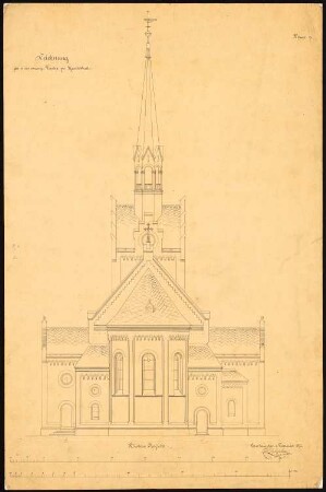 Evangelische Kirche, Reichthal: Aufriss Choransicht, 2 Maßstabsleisten