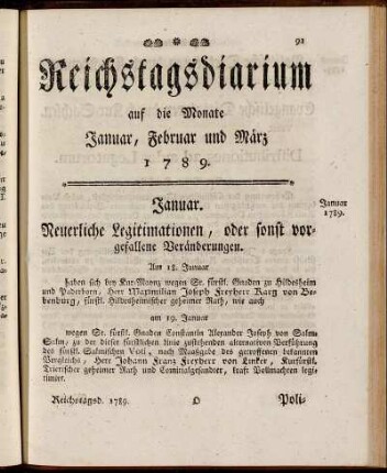 Reichstagsdiarium auf die Monate Januar, Februar und März 1789.