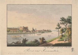 Stadtansicht von Pirna mit dem Sonnenstein und der Marienkirche von Nordosten über die Elbe