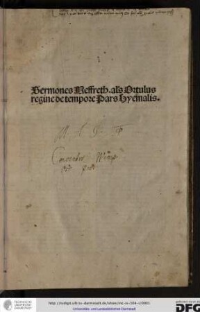 Sermones Meffreth alias ortulus regine de tempore, pars hyemalis.
