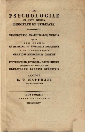 De psychologiae in arte medica dignitate et utilitate : Diss. inaug. med.