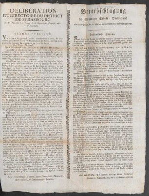 Deliberation Du Directoire Du District De Strasbourg du 20. Pluviôse l'an second de la République françoise une, & indivisible : Oeffentliche Sitzung
