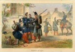 Uniformdarstellung, Trompeter, gemeine und Offiziere und Tambour des Linien-Infanterie-Regiments, Frankreich, 1845/1849.