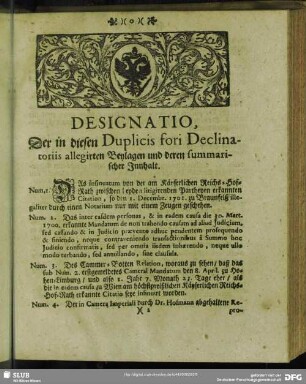 Designatio, Der in diesen duplicis fori Declinatoriis allegirten Beylagen und deren summarischer Innhalt