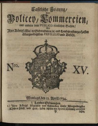 Nro. XV, Montags, den 12. Aprill 1734