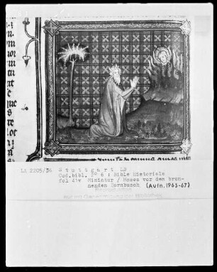 Bible Historiale — Gott erscheint Moses im brennenden Dornbusch, Folio 41verso