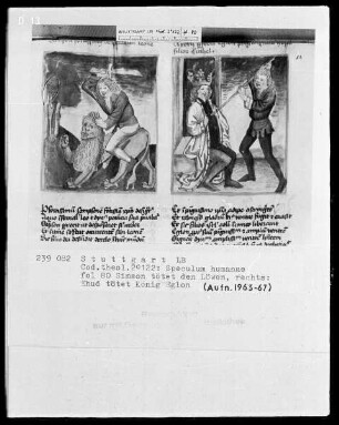 Zwei Schriften — Speculum humanae salvationis — Textseite mit zwei Miniaturen, Folio 80recto