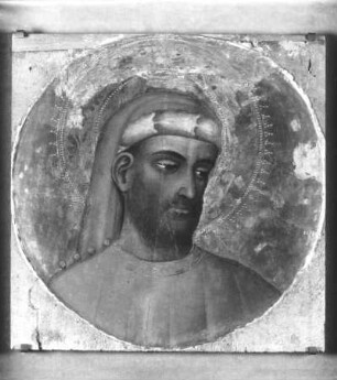 Alvaro Pirez d'Evora (1. Hälfte 15. Jahrhundert tätig). Brustbild des heiligen Cosmas. Pappelholz, Durchmessser 34 cm (Tondo) cm. Altenburg: Lindenau-Museum