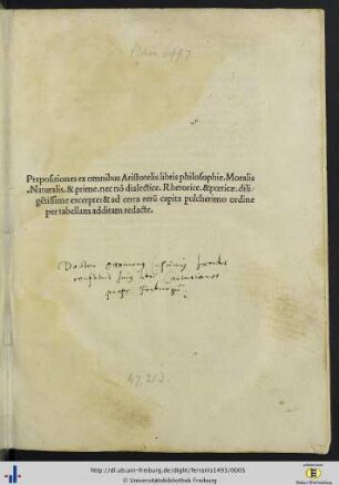 Prepositiones ex omnibus Aristotelis libris philosophie. Moralis. Naturalis. & prime.nec no[n] dialectice. Rhetorice. & pœticae. dilige[n]tissime excerpte: & ad certa reru[m] capita pulcherimo ordine per tabellam additam redacte