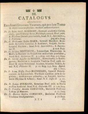 III. Catalogus alphabeticus Excellentissimorum Virorum, qui pro hoc Tomo II. Observationes physico-medicas communicarunt.