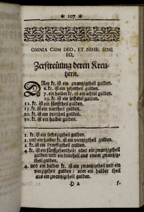 Zersteüung deren Kreutzern. - Regula De Tri in gebrochenen Zahlen nach der Welschen Practica.