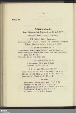 Anlage 10. Kriegs-Rangliste beim Ausmarsch des Regiments am 26. Juli 1870