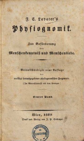 J. C. Lavater's Physiognomik : zur Beförderung der Menschenkenntnis und Menschenliebe. 1