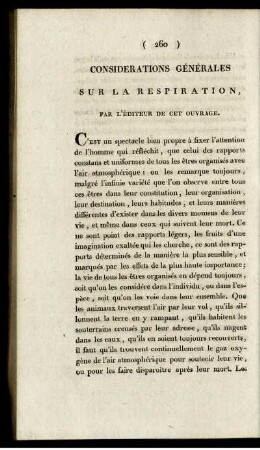CONSIDERATIONS GENERALES SUR LA RESPIRATION, PAR L`EDITEUR DE CET OUVRAGE.