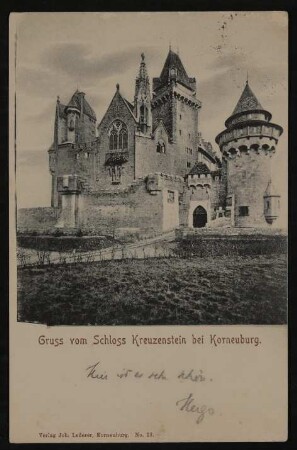Ansichtskarte von Hofmannsthal an seine Mutter Anna mit "Gruss vom Schloss Kreuzenstein bei Korneuburg."